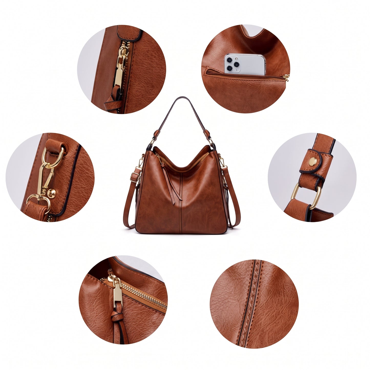 Selvela Leather Hobo Anti-Theft Handbag