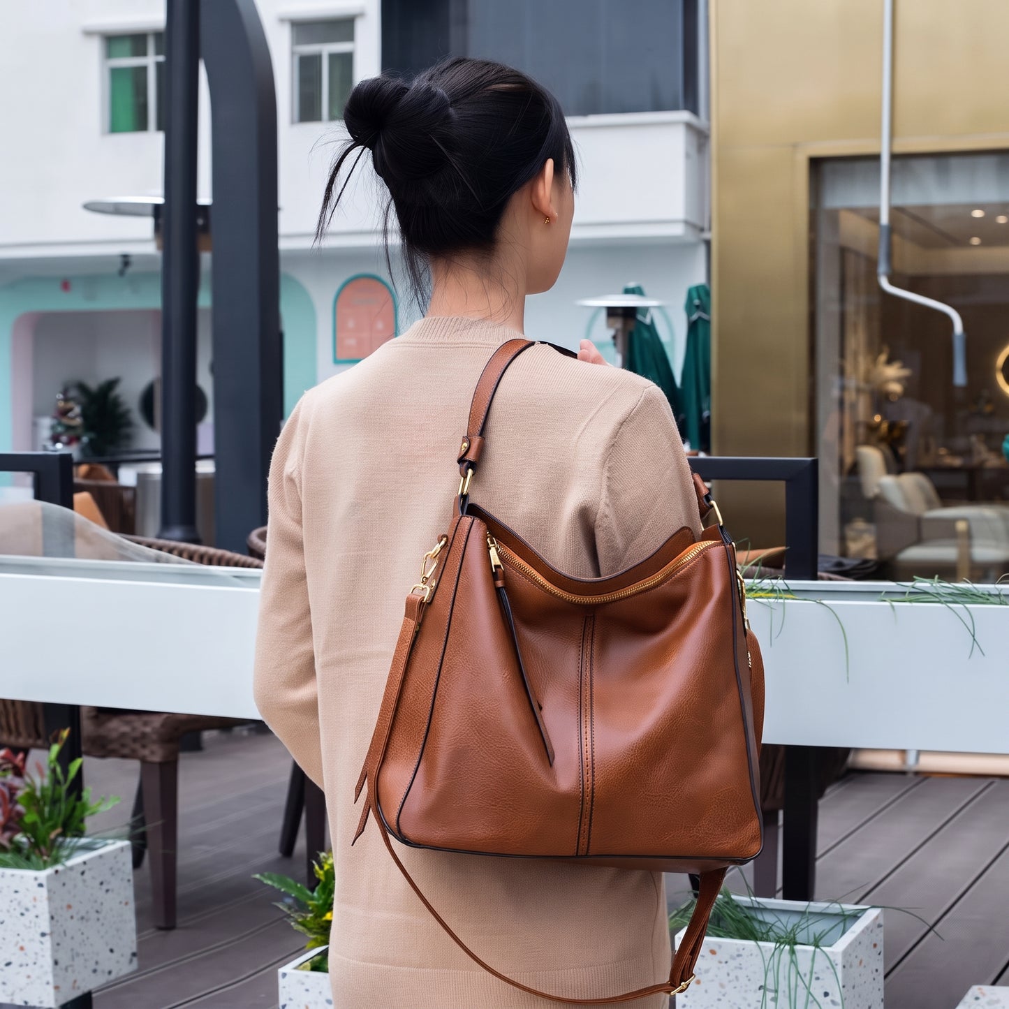 Selvela Leather Hobo Anti-Theft Handbag
