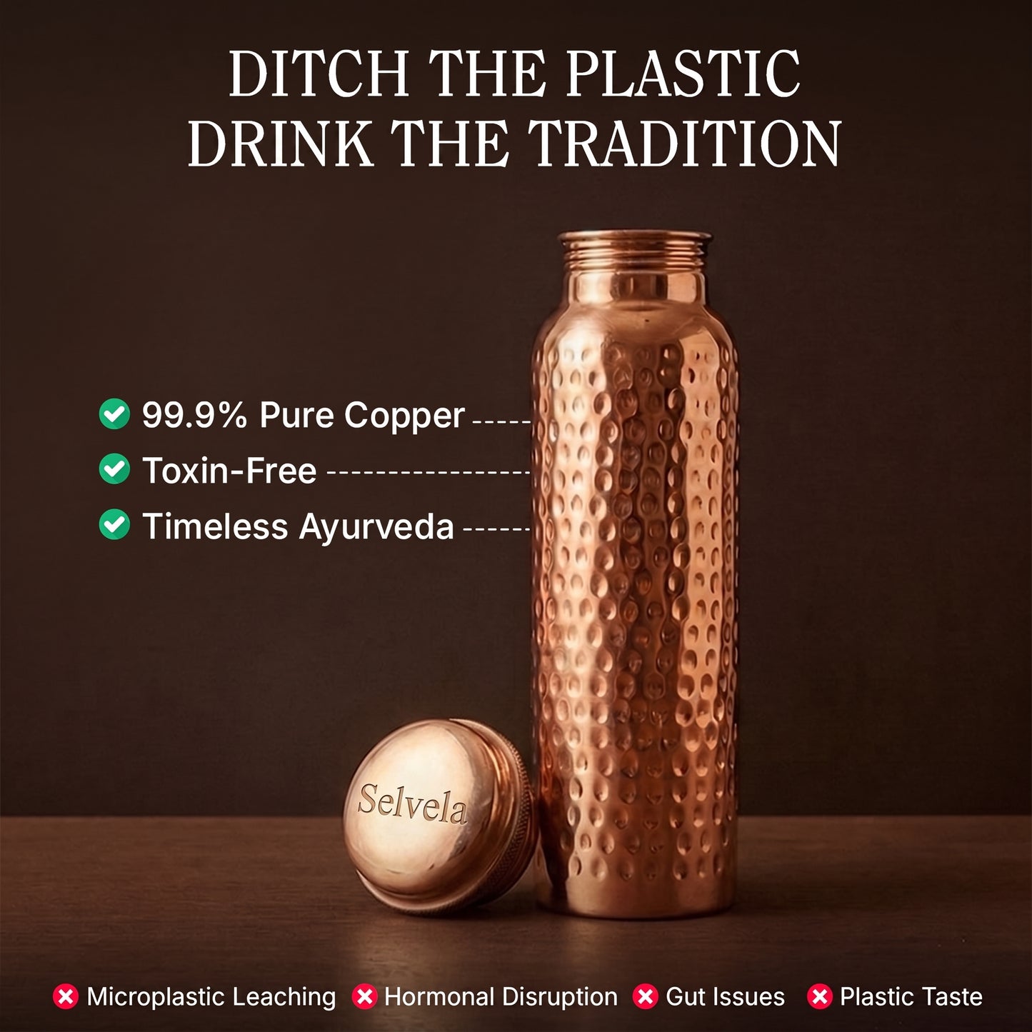 Certified Selvela Pure Copper Water Bottles - V2 Hand-Hammered Edition